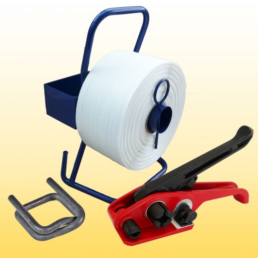 Umreifungsset: 1 gewebtes Textil Umreifungsband 16 mm + 1 Bandspanner, 200 Klemmen, 1 Abrollger�t